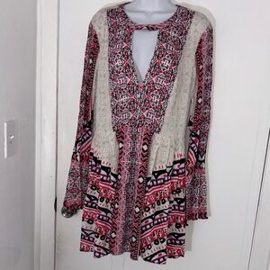 Free People Cream Tunic Dress with Pink & Black Print